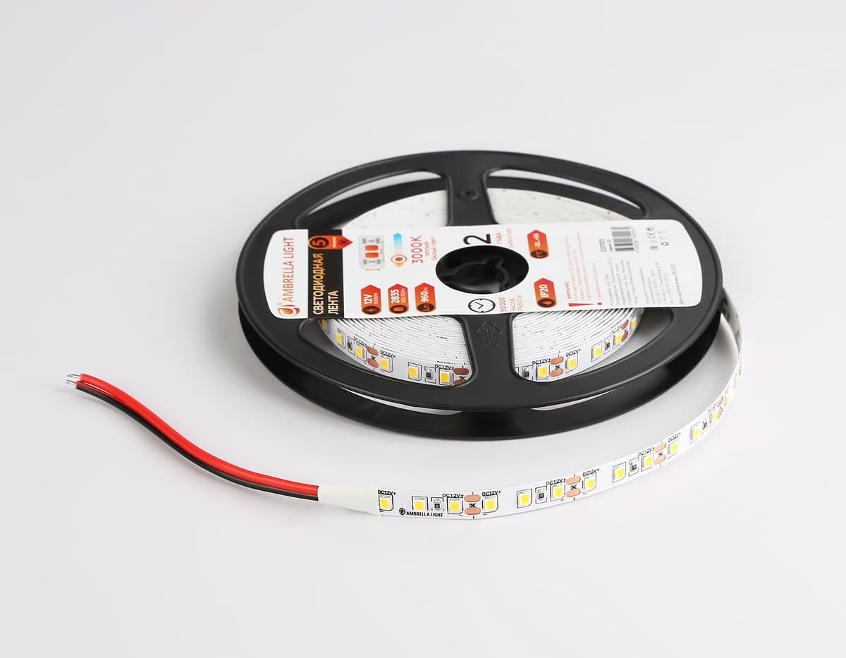 Светодиодная лента Ambrella Light GS1101 2835 120Led /9.6W m/ 12V IP20 3000K 5m/кратность резки 25mm GS1101 2835 120Led/ 9.6W m/ 12V IP20 3000K/ 5000*8*1.2mm (2 конт.) Ambrella Light 16