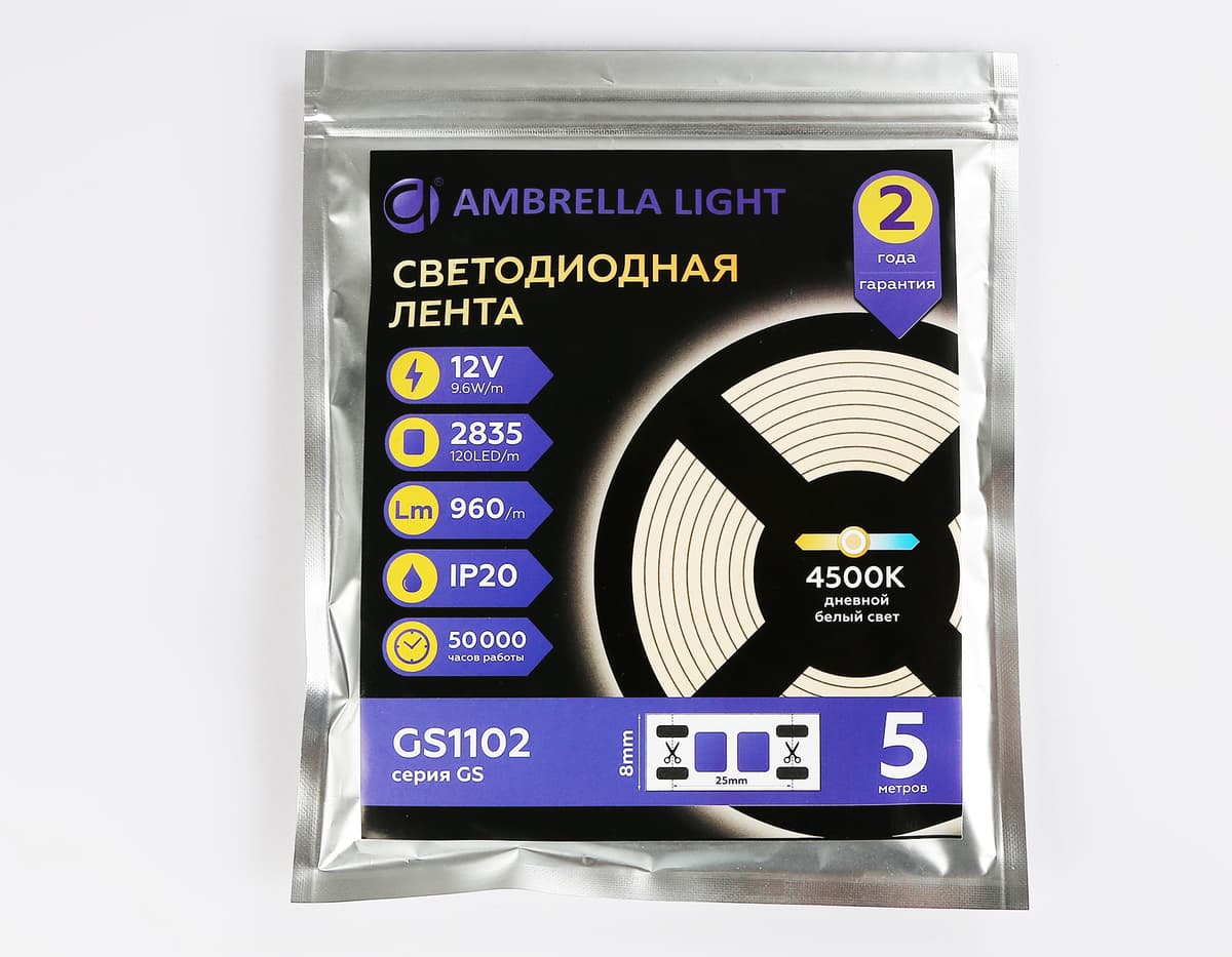 Светодиодная лента Ambrella Light GS1102 2835 120Led /9.6W m/ 12V IP20 4500K 5m/кратность резки 25mm GS1102 2835 120Led/ 9.6W m/ 12V IP20 4500K/ 5000*8*1.2mm (2 конт.) Ambrella Light 14