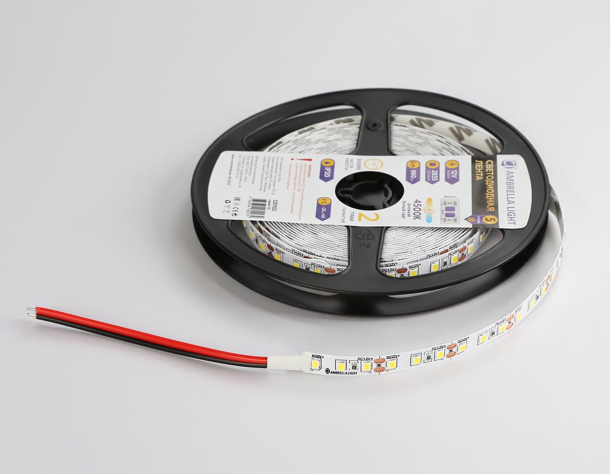 Светодиодная лента Ambrella Light GS1102 2835 120Led /9.6W m/ 12V IP20 4500K 5m/кратность резки 25mm GS1102 2835 120Led/ 9.6W m/ 12V IP20 4500K/ 5000*8*1.2mm (2 конт.) Ambrella Light 16