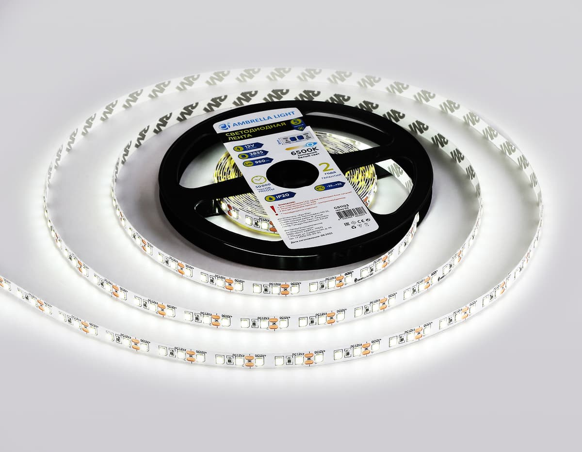 Светодиодная лента Ambrella Light GS1103 2835 120Led /9.6W m/ 12V IP20 6500K 5m/кратность резки 25mm GS1103 2835 120Led/ 9.6W m/ 12V IP20 6500K/ 5000*8*1.2mm (2 конт.) Ambrella Light 12