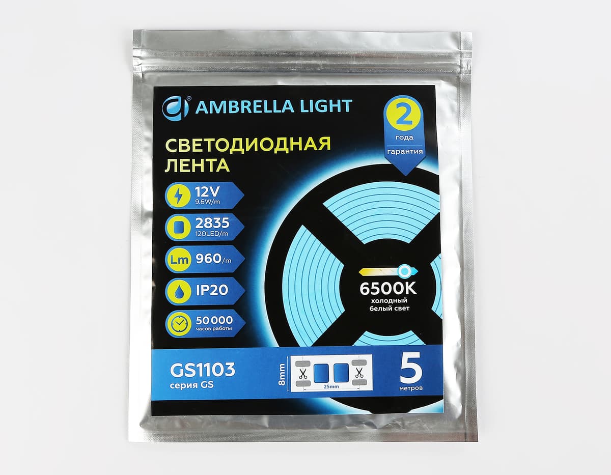 Светодиодная лента Ambrella Light GS1103 2835 120Led /9.6W m/ 12V IP20 6500K 5m/кратность резки 25mm GS1103 2835 120Led/ 9.6W m/ 12V IP20 6500K/ 5000*8*1.2mm (2 конт.) Ambrella Light 14
