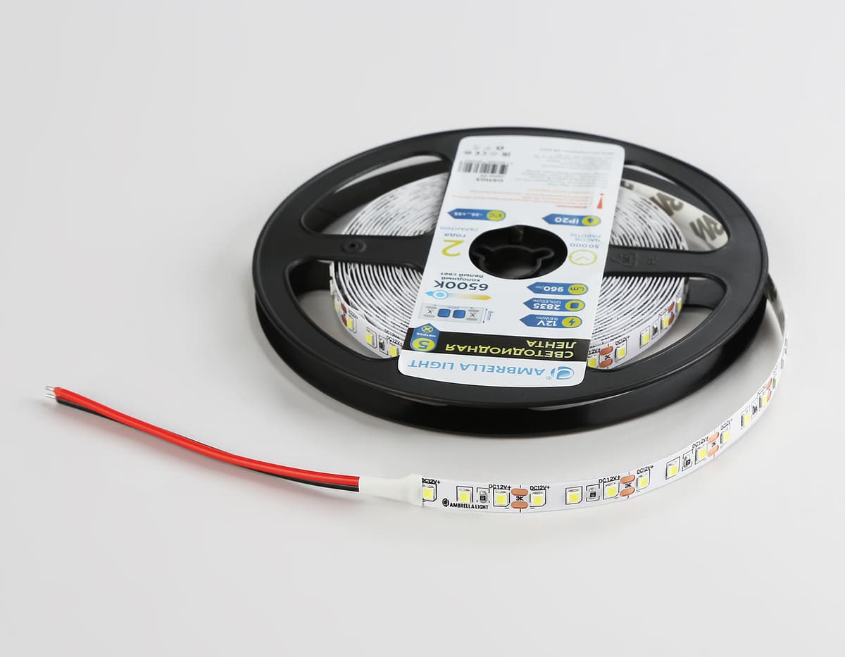 Светодиодная лента Ambrella Light GS1103 2835 120Led /9.6W m/ 12V IP20 6500K 5m/кратность резки 25mm GS1103 2835 120Led/ 9.6W m/ 12V IP20 6500K/ 5000*8*1.2mm (2 конт.) Ambrella Light 16