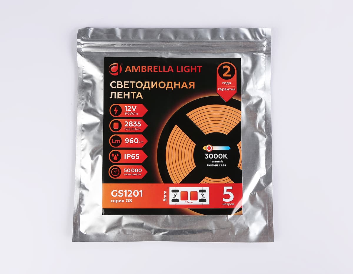 Светодиодная лента Ambrella Light GS1201 2835 120Led /9.6W m/ 12V IP65 3000K 5m/кратность резки 25mm GS1201 2835 120Led/ 9.6W m/ 12V IP65 3000K/ 5000*8*2.27mm (2 конт.) Ambrella Light 14