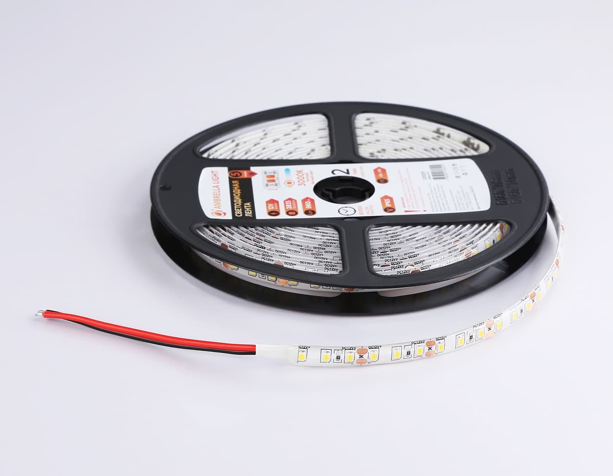 Светодиодная лента Ambrella Light GS1201 2835 120Led /9.6W m/ 12V IP65 3000K 5m/кратность резки 25mm GS1201 2835 120Led/ 9.6W m/ 12V IP65 3000K/ 5000*8*2.27mm (2 конт.) Ambrella Light 16