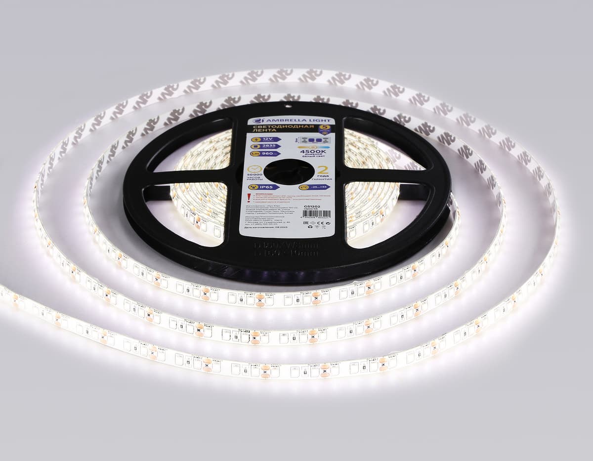 Светодиодная лента Ambrella Light GS1202 2835 120Led /9.6W m/ 12V IP65 4500K 5m/кратность резки 25mm GS1202 2835 120Led/ 9.6W m/ 12V IP65 4500K/ 5000*8*2.27mm (2 конт.) Ambrella Light 12