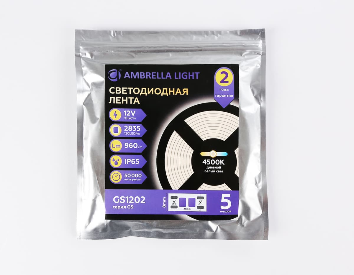 Светодиодная лента Ambrella Light GS1202 2835 120Led /9.6W m/ 12V IP65 4500K 5m/кратность резки 25mm GS1202 2835 120Led/ 9.6W m/ 12V IP65 4500K/ 5000*8*2.27mm (2 конт.) Ambrella Light 14