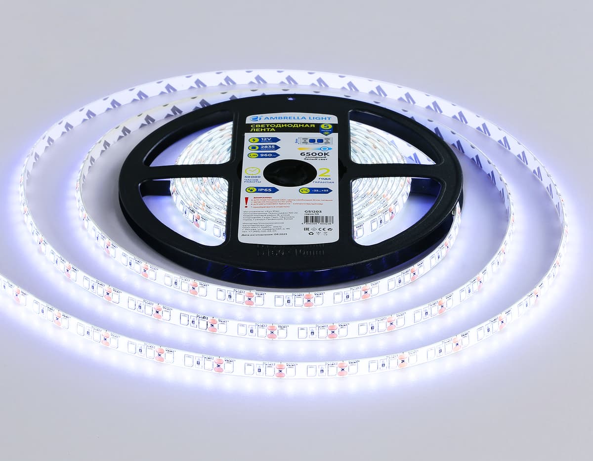 Светодиодная лента Ambrella Light GS1203 2835 120Led /9.6W m/ 12V IP65 6500K 5m/кратность резки 25mm GS1203 2835 120Led/ 9.6W m/ 12V IP65 6500K/ 5000*8*2.27mm (2 конт.) Ambrella Light 12