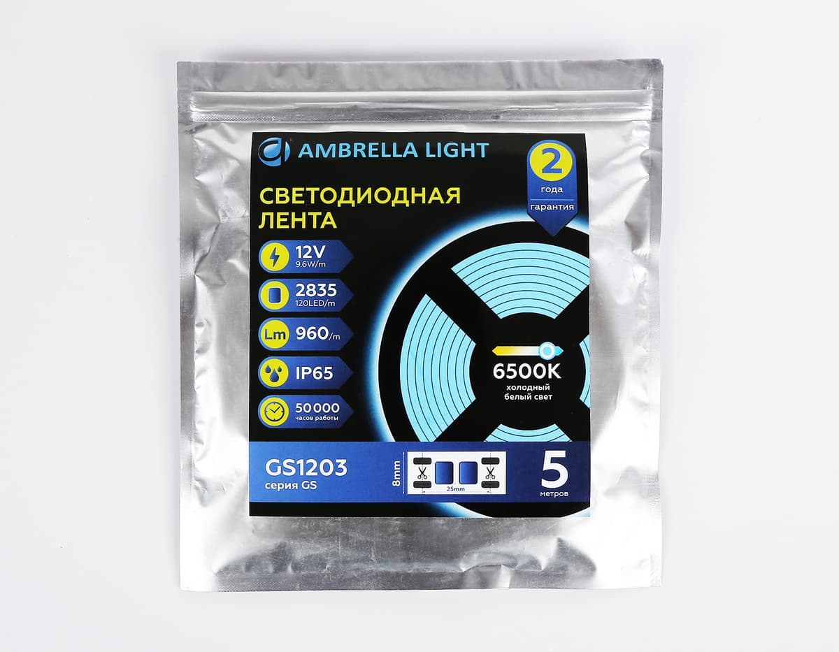 Светодиодная лента Ambrella Light GS1203 2835 120Led /9.6W m/ 12V IP65 6500K 5m/кратность резки 25mm GS1203 2835 120Led/ 9.6W m/ 12V IP65 6500K/ 5000*8*2.27mm (2 конт.) Ambrella Light 15
