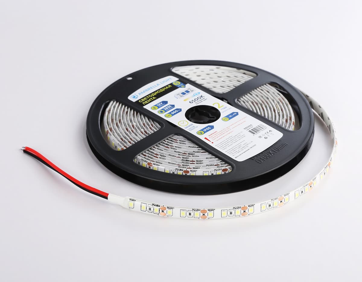 Светодиодная лента Ambrella Light GS1203 2835 120Led /9.6W m/ 12V IP65 6500K 5m/кратность резки 25mm GS1203 2835 120Led/ 9.6W m/ 12V IP65 6500K/ 5000*8*2.27mm (2 конт.) Ambrella Light 16