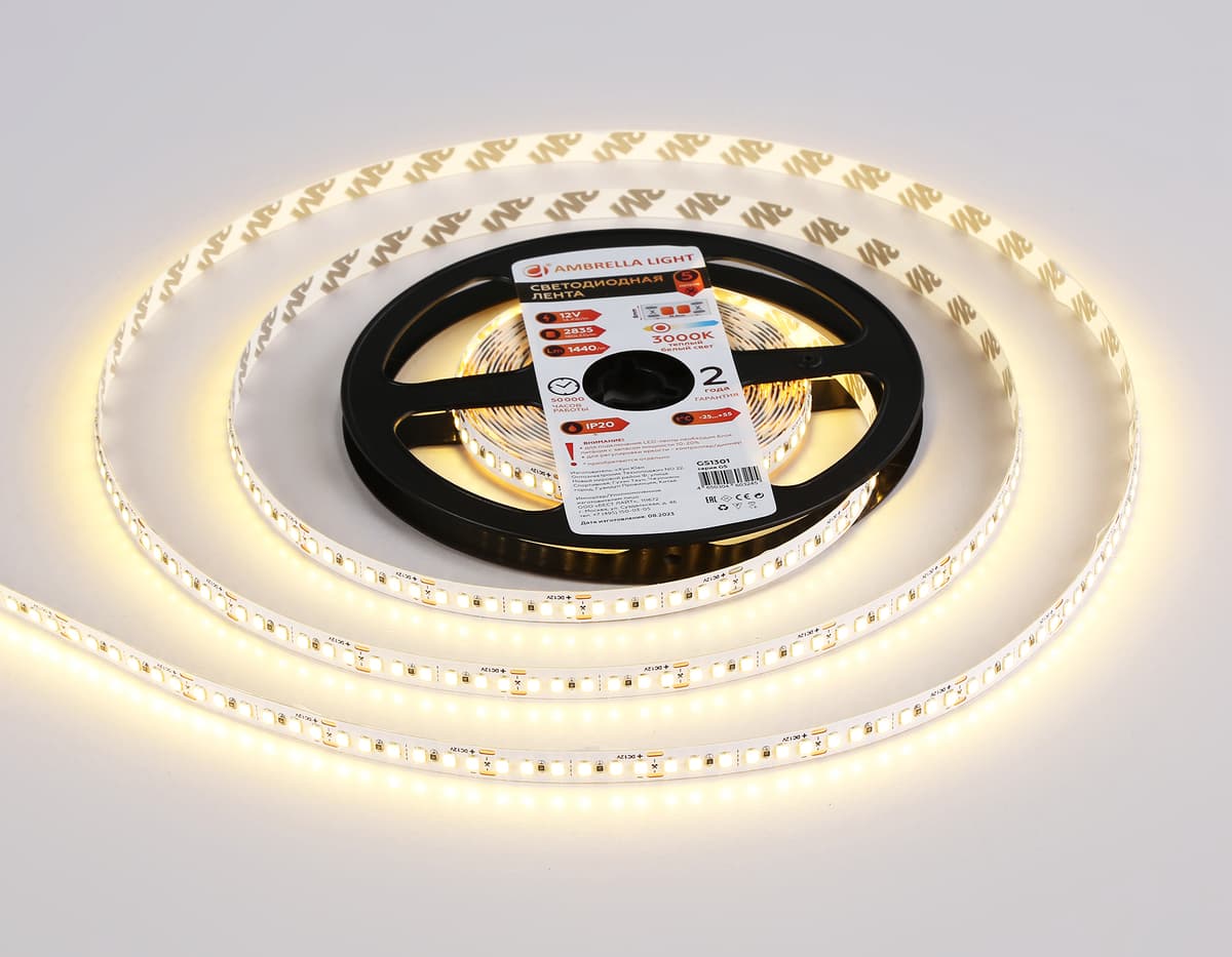 Светодиодная лента Ambrella Light GS1301 2835 180Led /14.4W m/12V IP20 3000K 5m/кратность резки 33mm GS1301 2835 180Led/ 14.4W m/ 12V IP20 3000K/ 5000*8*1.2mm (2 конт.) Ambrella Light 12