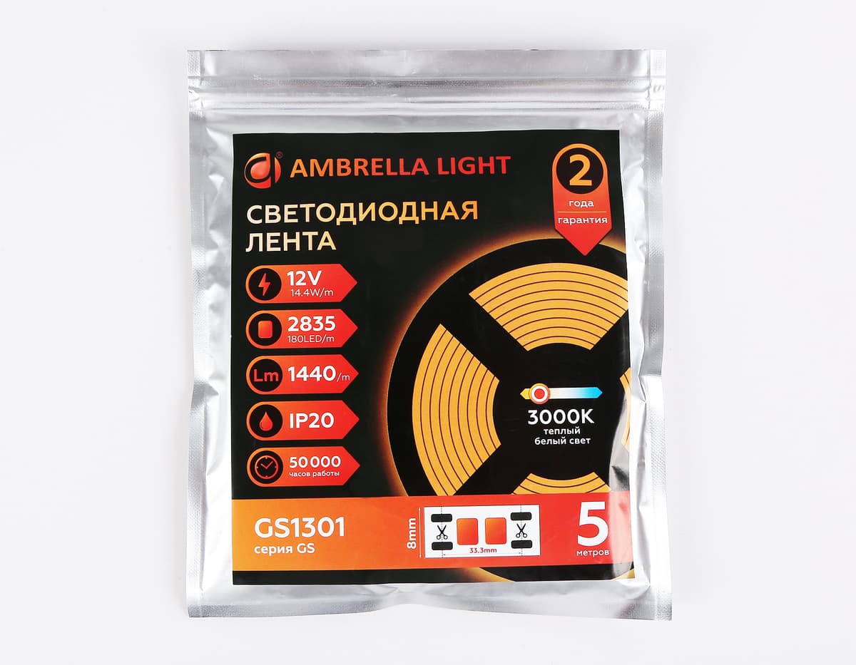 Светодиодная лента Ambrella Light GS1301 2835 180Led /14.4W m/12V IP20 3000K 5m/кратность резки 33mm GS1301 2835 180Led/ 14.4W m/ 12V IP20 3000K/ 5000*8*1.2mm (2 конт.) Ambrella Light 14
