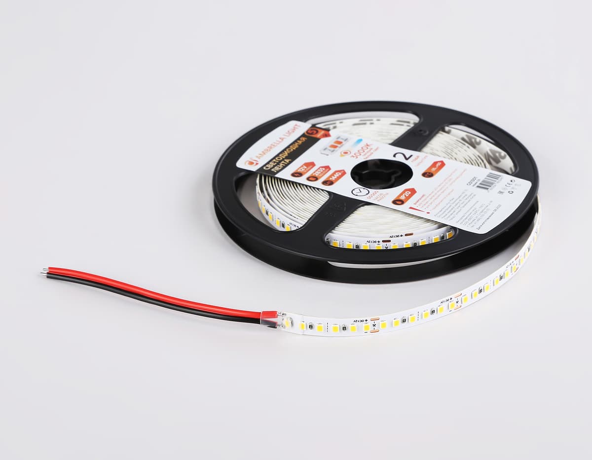 Светодиодная лента Ambrella Light GS1301 2835 180Led /14.4W m/12V IP20 3000K 5m/кратность резки 33mm GS1301 2835 180Led/ 14.4W m/ 12V IP20 3000K/ 5000*8*1.2mm (2 конт.) Ambrella Light 16