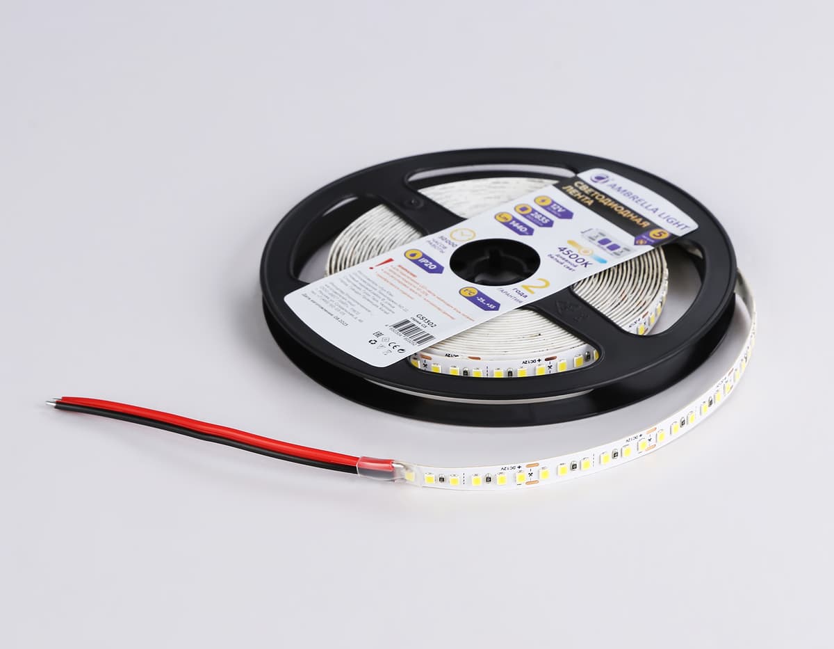 Светодиодная лента Ambrella Light GS1302 2835 180Led /14.4W m/12V IP20 4500K 5m/кратность резки 33mm GS1302 2835 180Led/ 14.4W m/ 12V IP20 4500K/ 5000*8*1.2mm (2 конт.) Ambrella Light 16