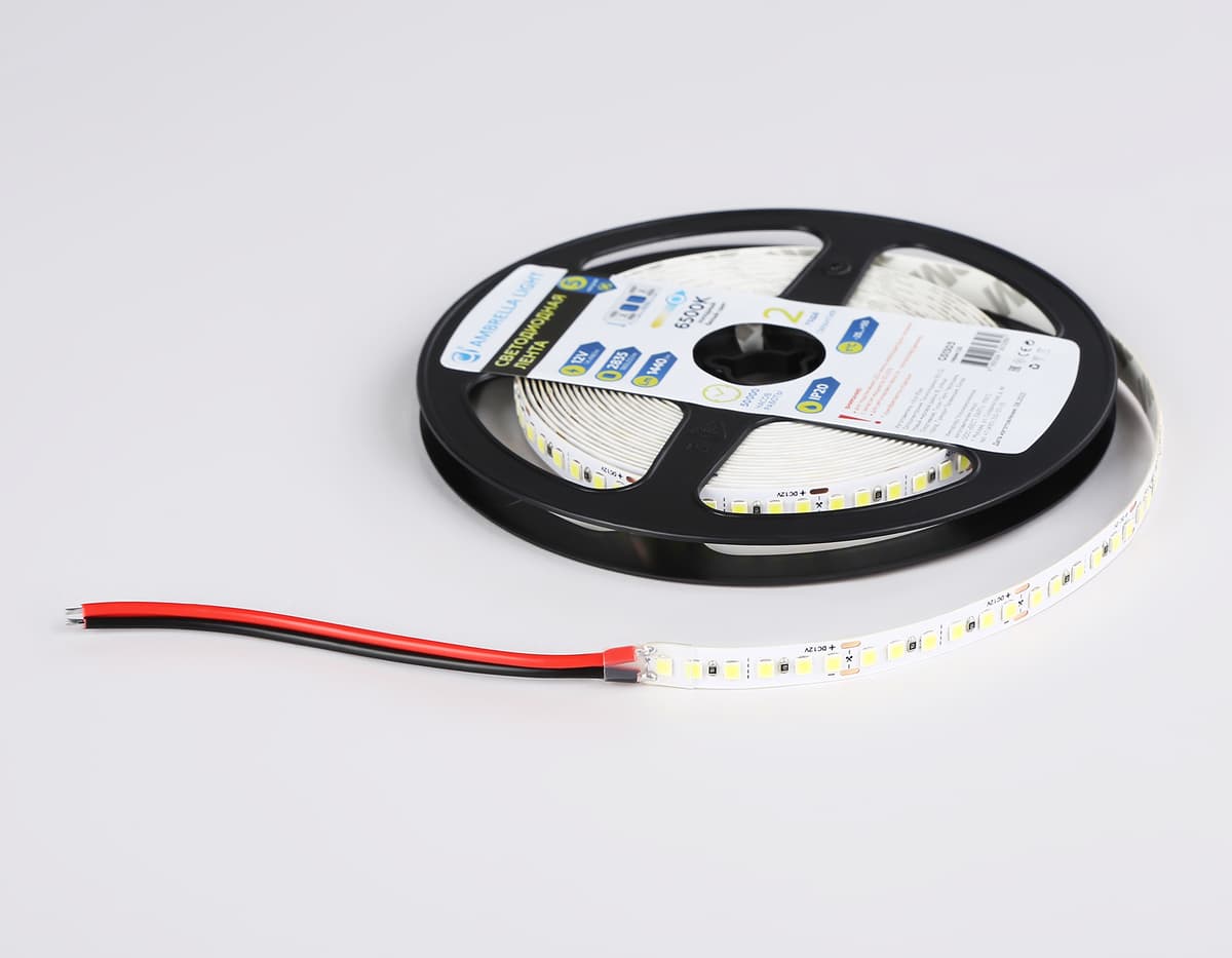 Светодиодная лента Ambrella Light GS1303 2835 180Led /14.4W m/12V IP20 6500K 5m/кратность резки 33mm GS1303 2835 180Led/ 14.4W m/ 12V IP20 6500K/ 5000*8*1.2mm (2 конт.) Ambrella Light 16