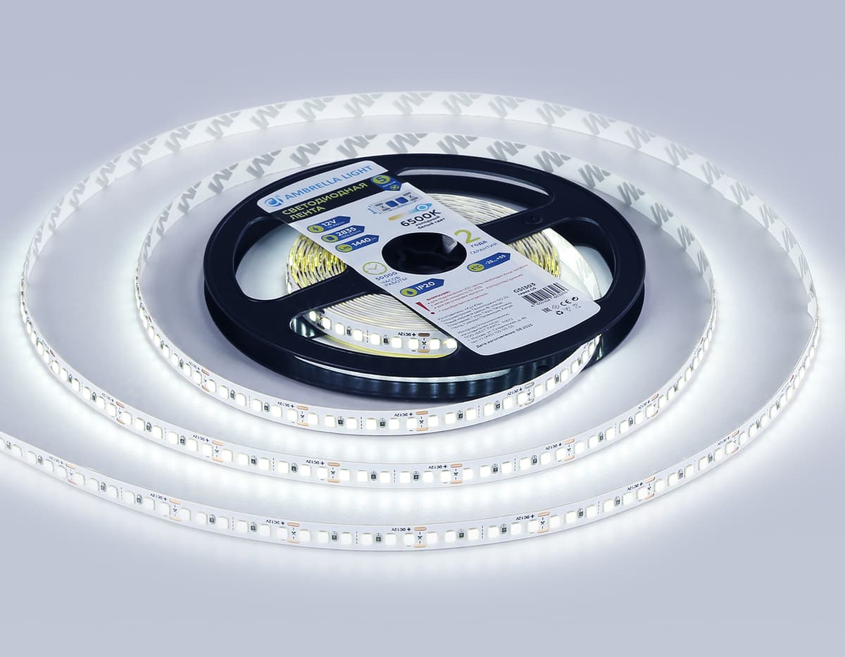 Светодиодная лента Ambrella Light GS1313 2835 180Led /14.4W m/12V IP20 6500K 5m/кратность резки 33mm GS1313 2835 180Led/ 14.4W m/ 12V IP20 6500K/ 5000*10*1.2mm (2 конт.) Ambrella Light 8