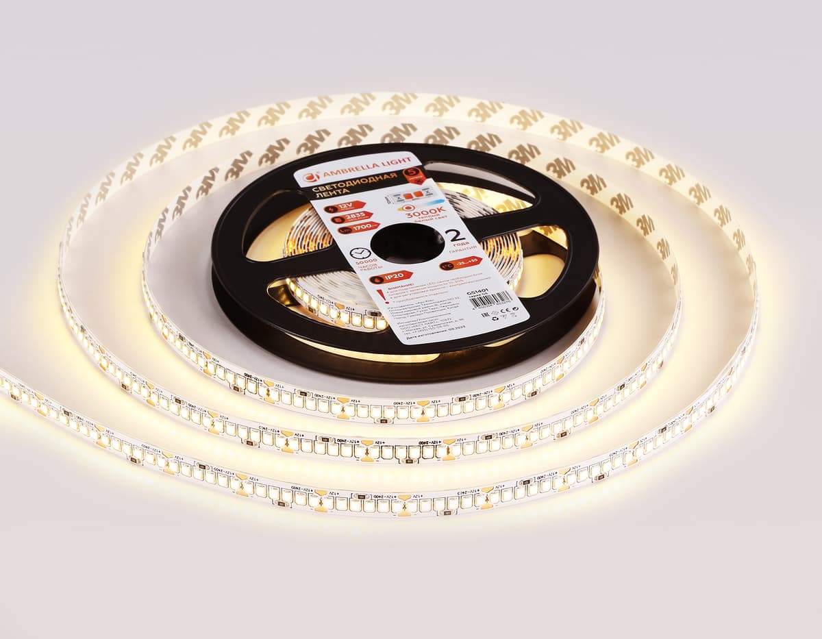 Светодиодная лента Ambrella Light GS1401 2835 240Led /17W m/ 12V IP20 3000K 5m/кратность резки 25mm GS1401 2835 240Led/ 17W m/ 12V IP20 3000K/ 5000*10*1.2mm (2 конт.) Ambrella Light 12