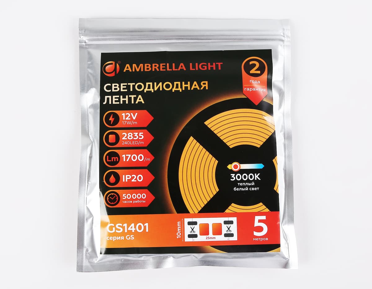 Светодиодная лента Ambrella Light GS1401 2835 240Led /17W m/ 12V IP20 3000K 5m/кратность резки 25mm GS1401 2835 240Led/ 17W m/ 12V IP20 3000K/ 5000*10*1.2mm (2 конт.) Ambrella Light 15