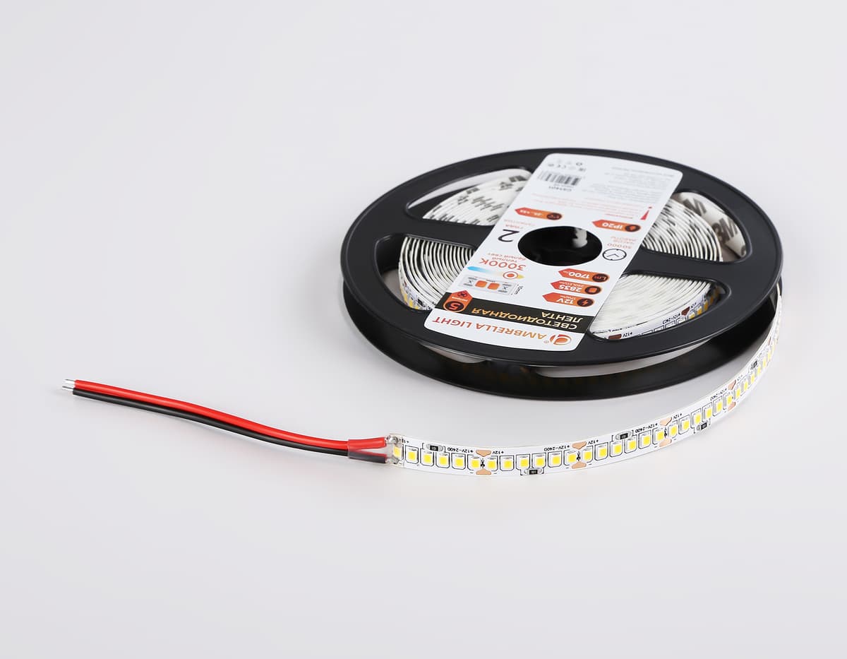 Светодиодная лента Ambrella Light GS1401 2835 240Led /17W m/ 12V IP20 3000K 5m/кратность резки 25mm GS1401 2835 240Led/ 17W m/ 12V IP20 3000K/ 5000*10*1.2mm (2 конт.) Ambrella Light 16