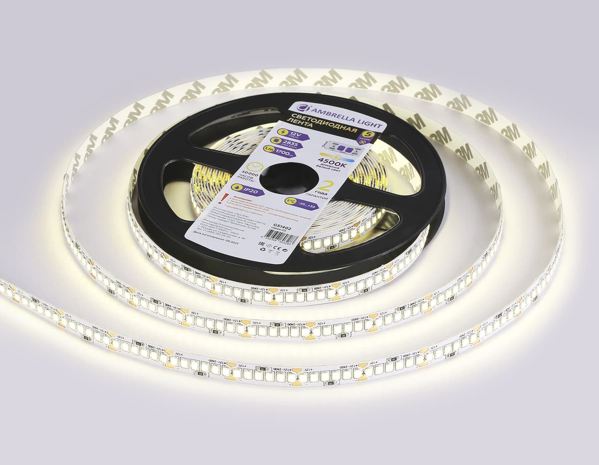 Светодиодная лента Ambrella Light GS1402 2835 240Led /17W m/ 12V IP20 4500K 5m/кратность резки 25mm GS1402 2835 240Led/ 17W m/ 12V IP20 4500K/ 5000*10*1.2mm (2 конт.) Ambrella Light 12