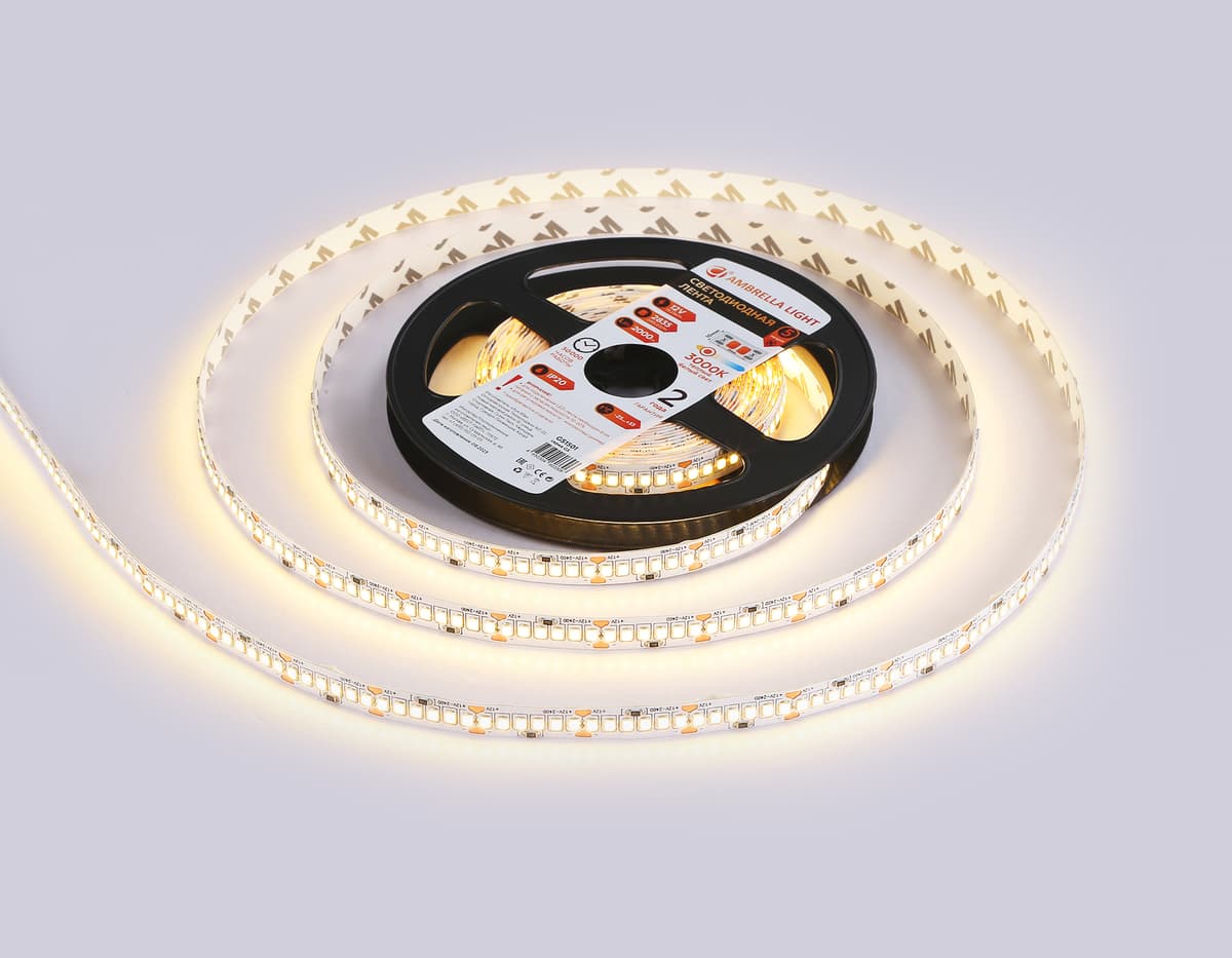 Светодиодная лента Ambrella Light GS1501 2835 240Led /19.2W m/12V IP20 3000K 5m/кратность резки 25mm GS1501 2835 240Led/ 19.2W m/ 12V IP20 3000K/ 5000*10*1.2mm (2 конт.) Ambrella Light 13