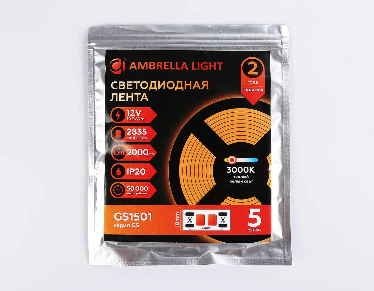 Светодиодная лента Ambrella Light GS1501 2835 240Led /19.2W m/12V IP20 3000K 5m/кратность резки 25mm GS1501 2835 240Led/ 19.2W m/ 12V IP20 3000K/ 5000*10*1.2mm (2 конт.) Ambrella Light 14