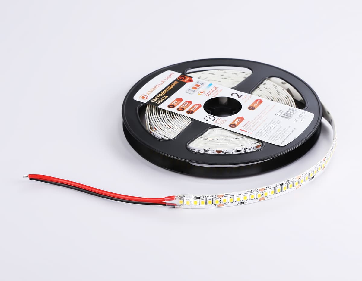 Светодиодная лента Ambrella Light GS1501 2835 240Led /19.2W m/12V IP20 3000K 5m/кратность резки 25mm GS1501 2835 240Led/ 19.2W m/ 12V IP20 3000K/ 5000*10*1.2mm (2 конт.) Ambrella Light 16