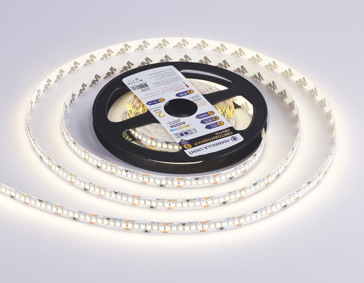 Светодиодная лента Ambrella Light GS1502 2835 240Led /19.2W m/12V IP20 4500K 5m/кратность резки 25mm GS1502 2835 240Led/ 19.2W m/ 12V IP20 4500K/ 5000*10*1.2mm (2 конт.) Ambrella Light 13