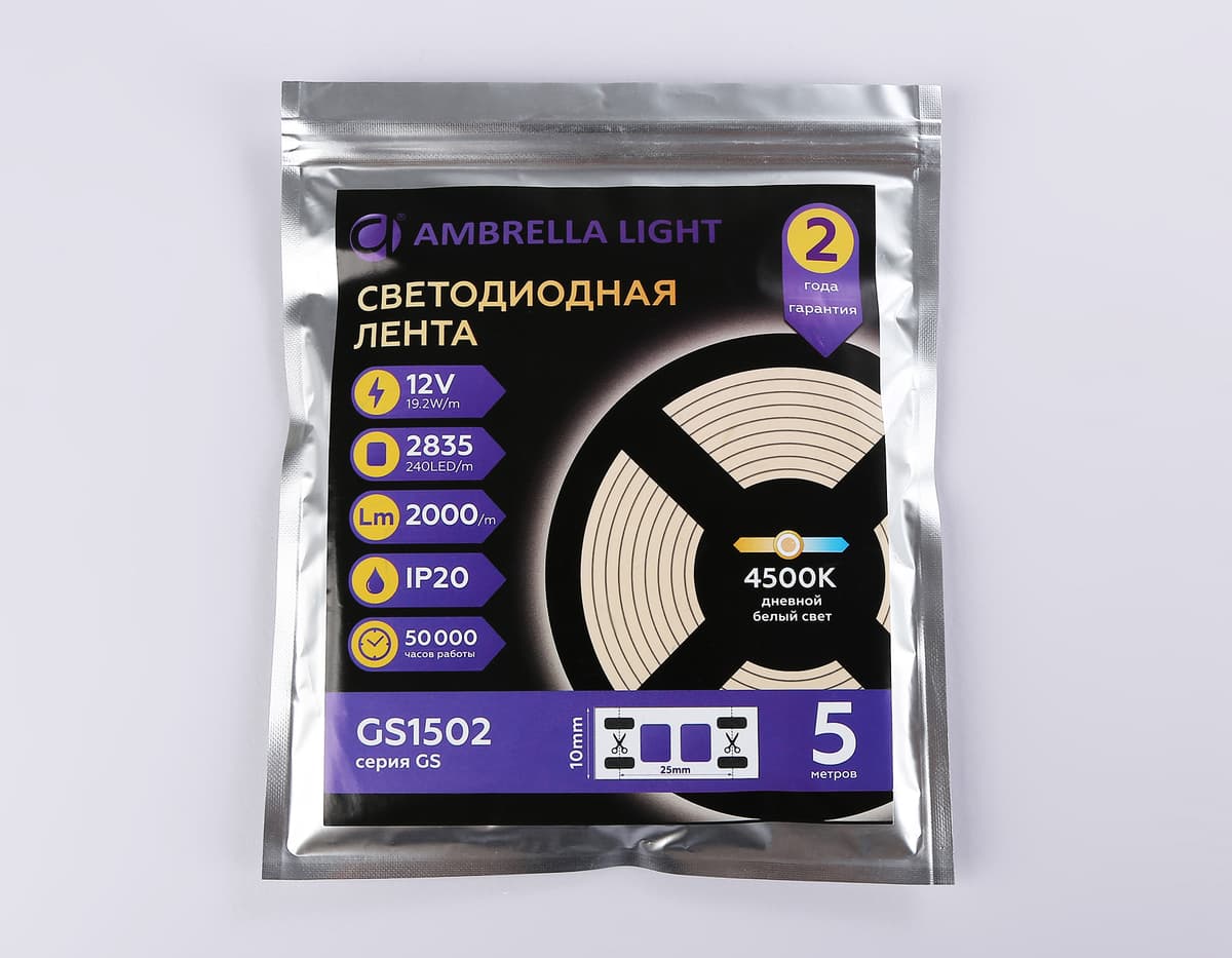 Светодиодная лента Ambrella Light GS1502 2835 240Led /19.2W m/12V IP20 4500K 5m/кратность резки 25mm GS1502 2835 240Led/ 19.2W m/ 12V IP20 4500K/ 5000*10*1.2mm (2 конт.) Ambrella Light 14