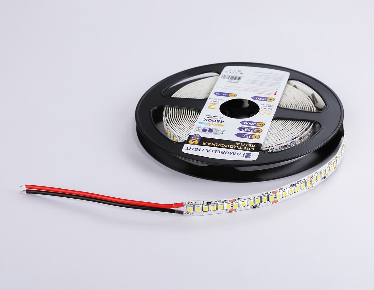 Светодиодная лента Ambrella Light GS1502 2835 240Led /19.2W m/12V IP20 4500K 5m/кратность резки 25mm GS1502 2835 240Led/ 19.2W m/ 12V IP20 4500K/ 5000*10*1.2mm (2 конт.) Ambrella Light 16