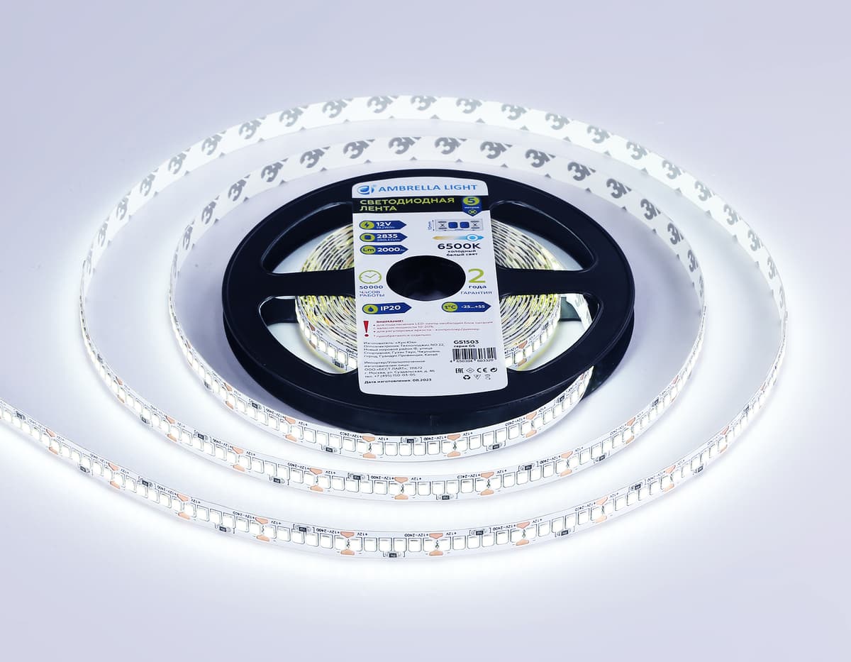 Светодиодная лента Ambrella Light GS1503 2835 240Led /19.2W m/12V IP20 6500K 5m/кратность резки 25mm GS1503 2835 240Led/ 19.2W m/ 12V IP20 6500K/ 5000*10*1.2mm (2 конт.) Ambrella Light 13