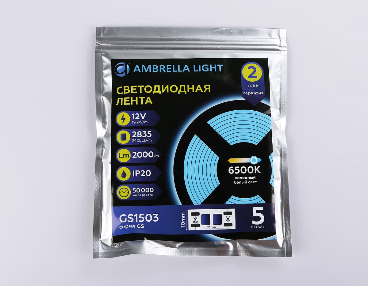 Светодиодная лента Ambrella Light GS1503 2835 240Led /19.2W m/12V IP20 6500K 5m/кратность резки 25mm GS1503 2835 240Led/ 19.2W m/ 12V IP20 6500K/ 5000*10*1.2mm (2 конт.) Ambrella Light 14