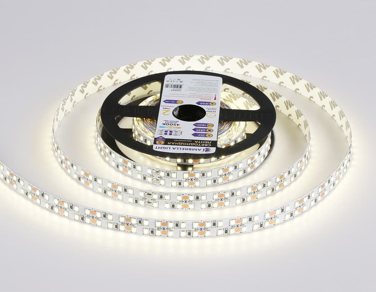 Светодиодная лента двухрядная Ambrella Light GS1602 2835 240Led /19.2W m/ 12V IP20 4500K 5m GS1602 2835 240Led/ 19.2W m/ 12V IP20 4500K/ 5000*14*1.2mm (2 конт.) Ambrella Light 12