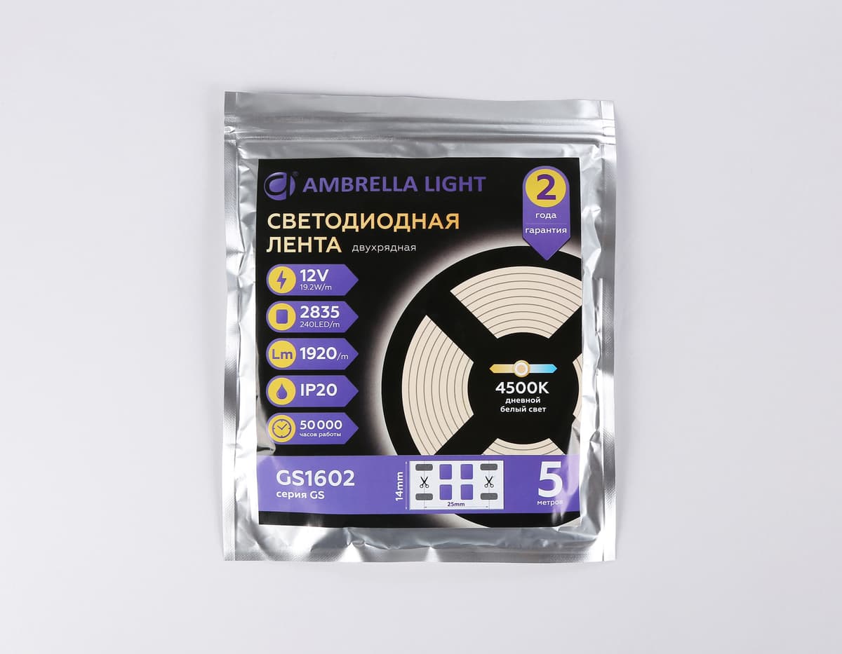 Светодиодная лента двухрядная Ambrella Light GS1602 2835 240Led /19.2W m/ 12V IP20 4500K 5m GS1602 2835 240Led/ 19.2W m/ 12V IP20 4500K/ 5000*14*1.2mm (2 конт.) Ambrella Light 14