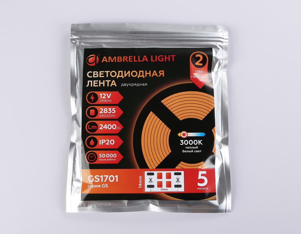 Светодиодная лента двухрядная Ambrella Light GS1701 2835 240Led /24W m/ 12V IP20 3000K 5m GS1701 2835 240Led/ 24W m/ 12V IP20 3000K/ 5000*10*1.2mm (2 конт.) Ambrella Light 14