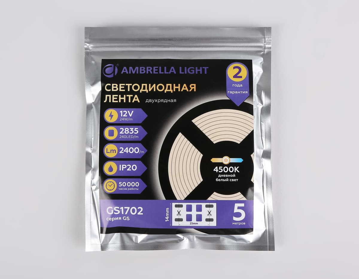 Светодиодная лента двухрядная Ambrella Light GS1702 2835 240Led /24W m/ 12V IP20 4500K 5m GS1702 2835 240Led/ 24W m/ 12V IP20 4500K/ 5000*14*1.2mm (2 конт.) Ambrella Light 14