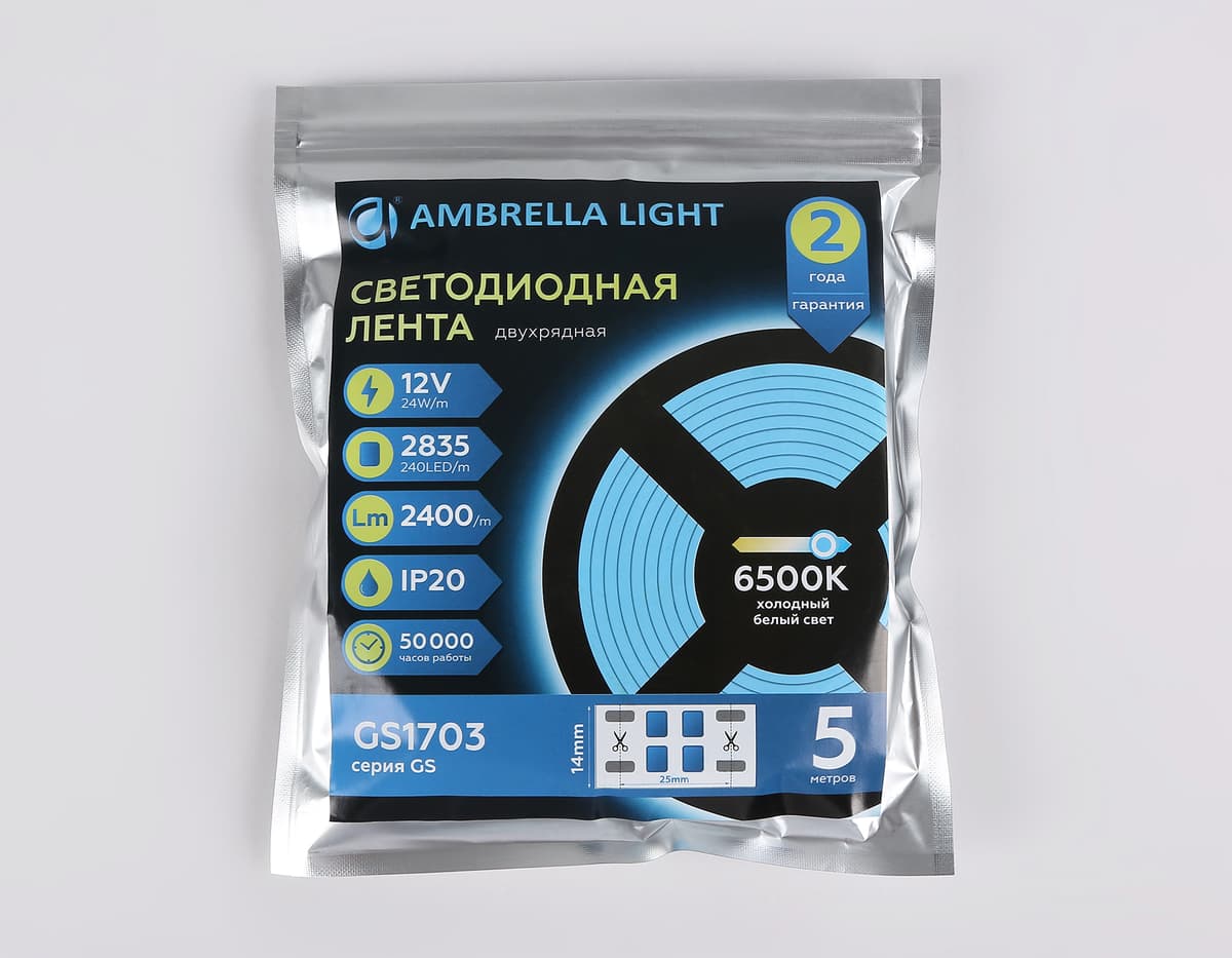 Светодиодная лента двухрядная Ambrella Light GS1703 2835 240Led /24W m/ 12V IP20 6500K 5m GS1703 2835 240Led/ 24W m/ 12V IP20 6500K/ 5000*10*1.2mm (2 конт.) Ambrella Light 15