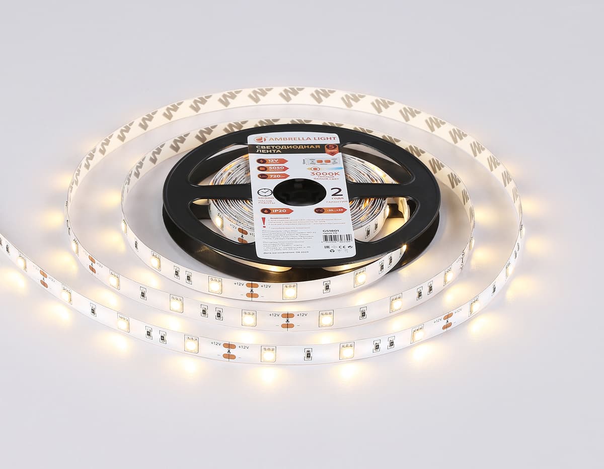 Светодиодная лента Ambrella Light GS1801 5050 30Led /7.2W m/ 12V IP20 3000K 5m GS1801 5050 30Led/ 7.2W m/ 12V IP20 3000K/ 5000*10*1.87mm (2 конт.) Ambrella Light 12