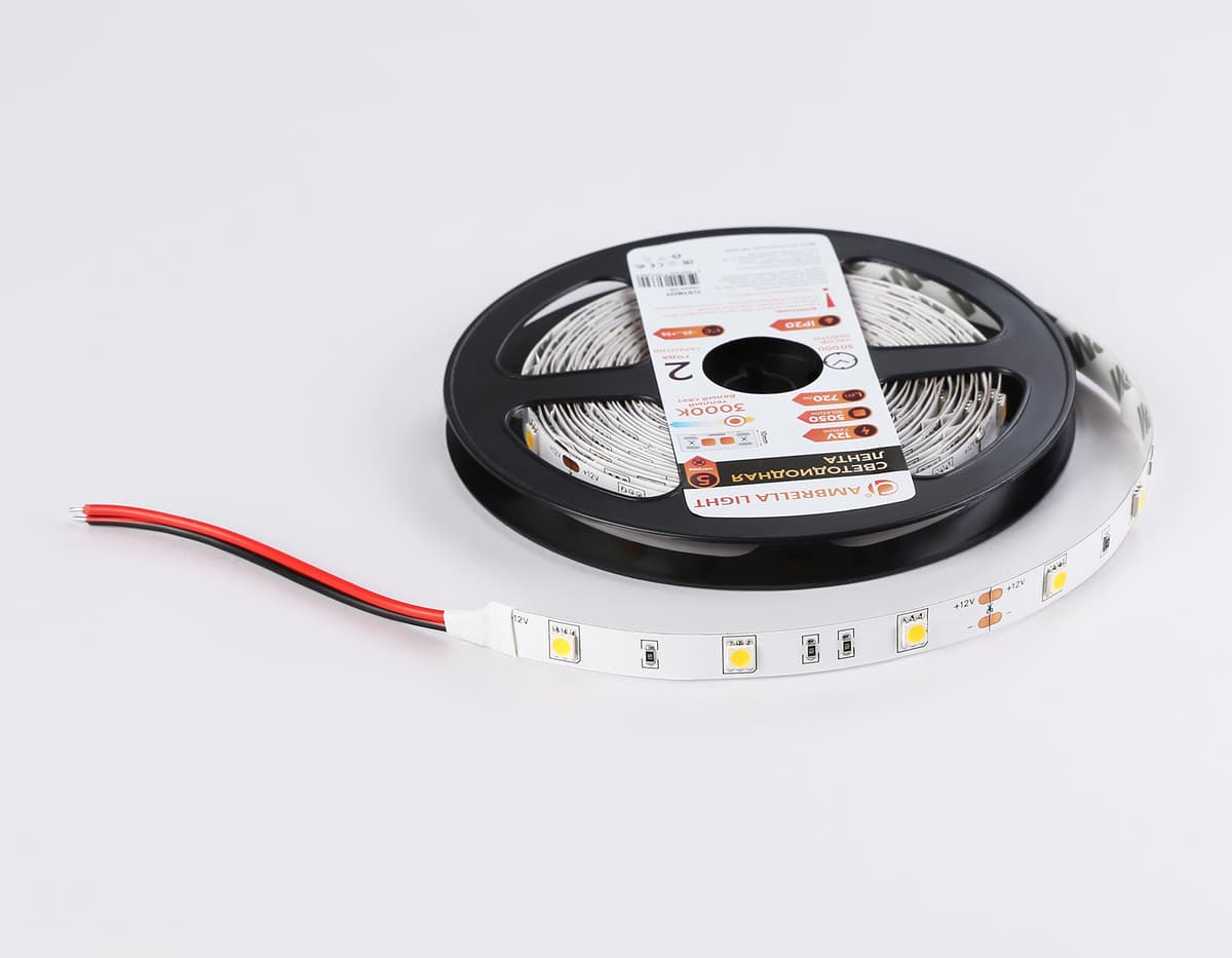 Светодиодная лента Ambrella Light GS1801 5050 30Led /7.2W m/ 12V IP20 3000K 5m GS1801 5050 30Led/ 7.2W m/ 12V IP20 3000K/ 5000*10*1.87mm (2 конт.) Ambrella Light 16