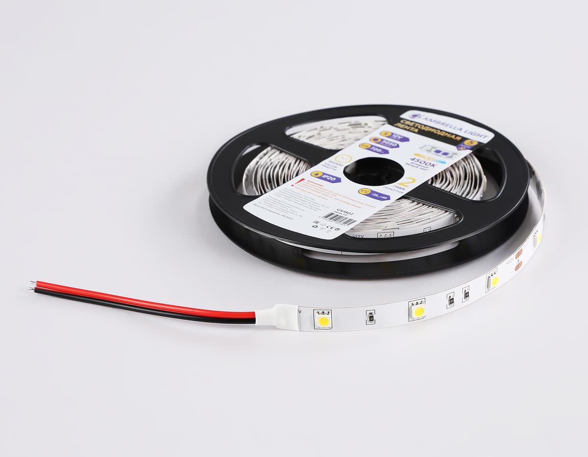 Светодиодная лента Ambrella Light GS1802 5050 30Led /7.2W m/ 12V IP20 4500K 5m GS1802 5050 30Led/ 7.2W m/ 12V IP20 4500K/ 5000*10*1.87mm (2 конт.) Ambrella Light 16