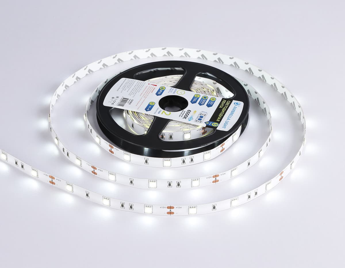 Светодиодная лента Ambrella Light GS1803 5050 30Led /7.2W m/ 12V IP20 6500K 5m GS1803 5050 30Led/ 7.2W m/ 12V IP20 6500K/ 5000*10*1.87mm (2 конт.) Ambrella Light 12