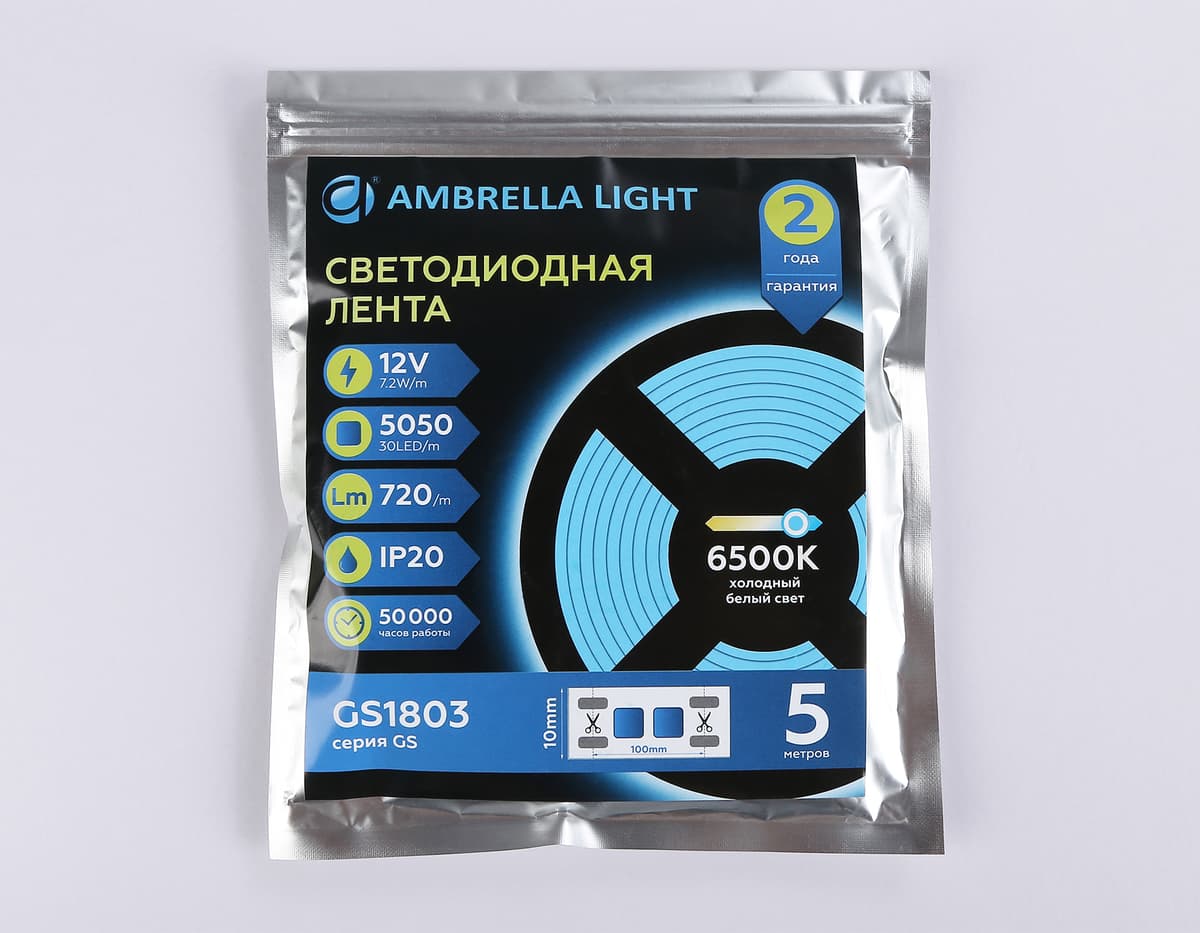 Светодиодная лента Ambrella Light GS1803 5050 30Led /7.2W m/ 12V IP20 6500K 5m GS1803 5050 30Led/ 7.2W m/ 12V IP20 6500K/ 5000*10*1.87mm (2 конт.) Ambrella Light 14