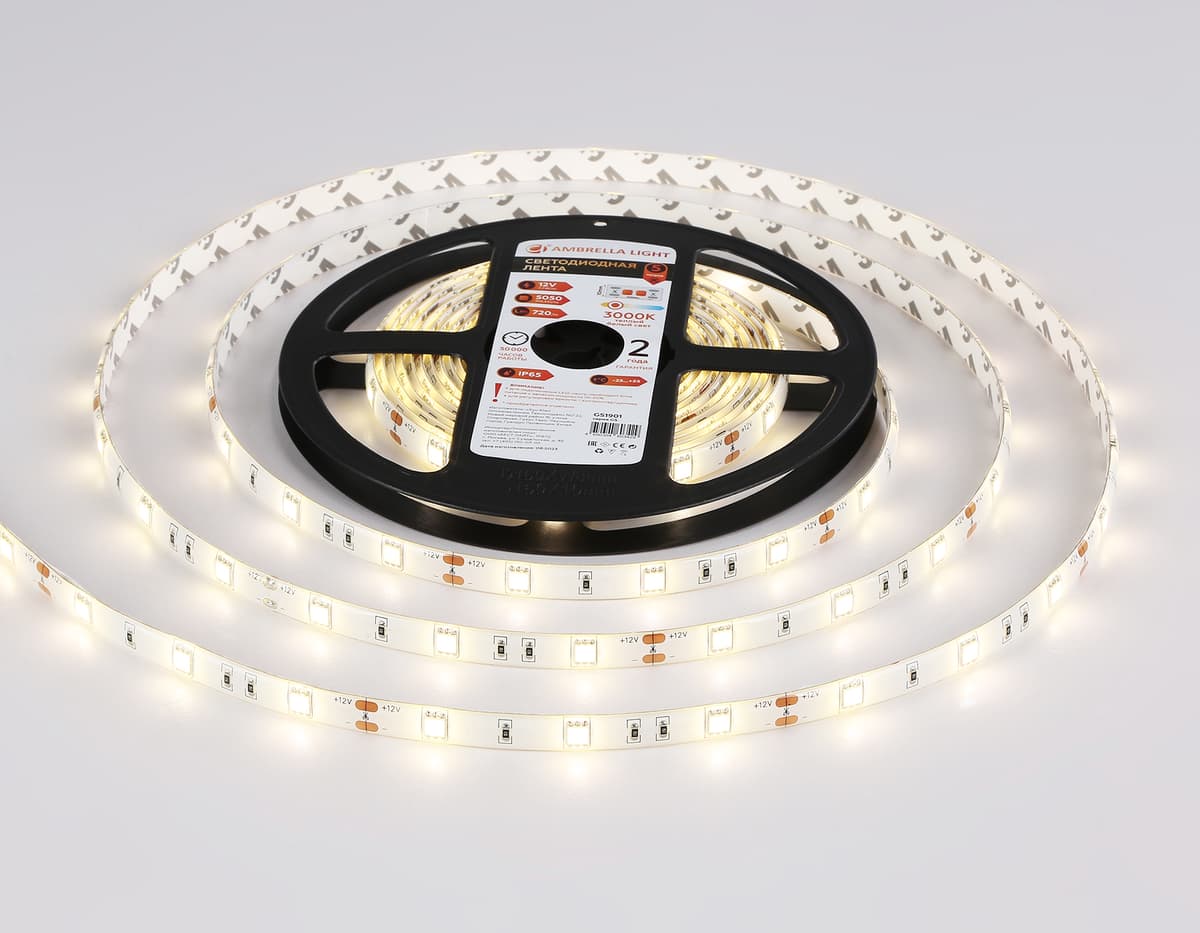 Светодиодная лента Ambrella Light GS1901 5050 30Led /7.2W m/ 12V IP65 3000K 5m GS1901 5050 30Led/ 7.2W m/ 12V IP65 3000K/ 5000*10*2.87mm (2 конт.) Ambrella Light 13