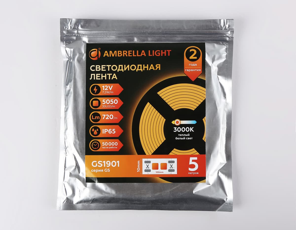 Светодиодная лента Ambrella Light GS1901 5050 30Led /7.2W m/ 12V IP65 3000K 5m GS1901 5050 30Led/ 7.2W m/ 12V IP65 3000K/ 5000*10*2.87mm (2 конт.) Ambrella Light 14