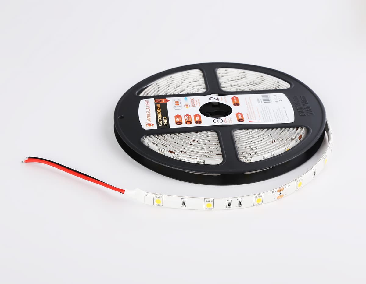 Светодиодная лента Ambrella Light GS1901 5050 30Led /7.2W m/ 12V IP65 3000K 5m GS1901 5050 30Led/ 7.2W m/ 12V IP65 3000K/ 5000*10*2.87mm (2 конт.) Ambrella Light 16
