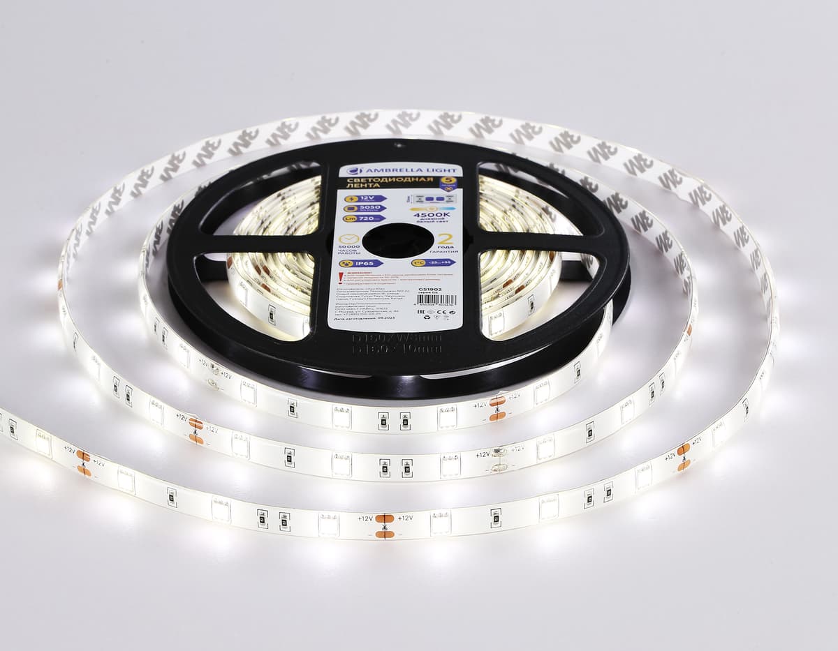 Светодиодная лента Ambrella Light GS1902 5050 30Led /7.2W m/ 12V IP65 4500K 5m GS1902 5050 30Led/ 7.2W m/ 12V IP65 4500K/ 5000*10*2.87mm (2 конт.) Ambrella Light 13