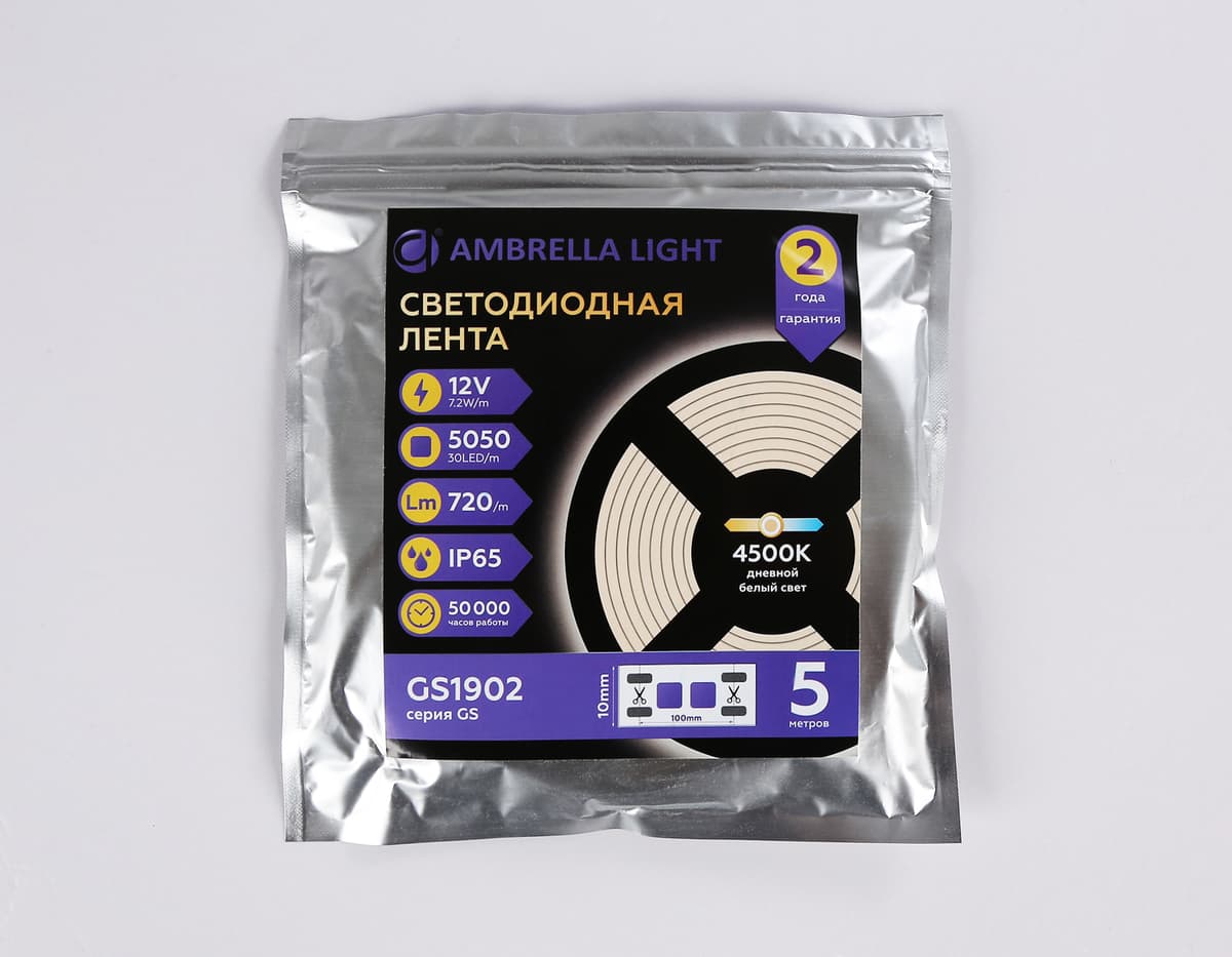 Светодиодная лента Ambrella Light GS1902 5050 30Led /7.2W m/ 12V IP65 4500K 5m GS1902 5050 30Led/ 7.2W m/ 12V IP65 4500K/ 5000*10*2.87mm (2 конт.) Ambrella Light 14