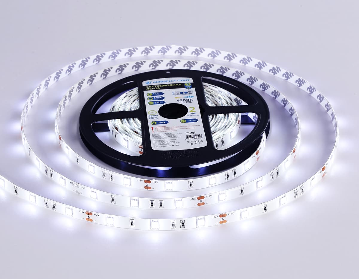 Светодиодная лента Ambrella Light GS1903 5050 30Led /7.2W m/ 12V IP65 6500K 5m GS1903 5050 30Led/ 7.2W m/ 12V IP65 6500K/ 5000*10*2.87mm (2 конт.) Ambrella Light 13