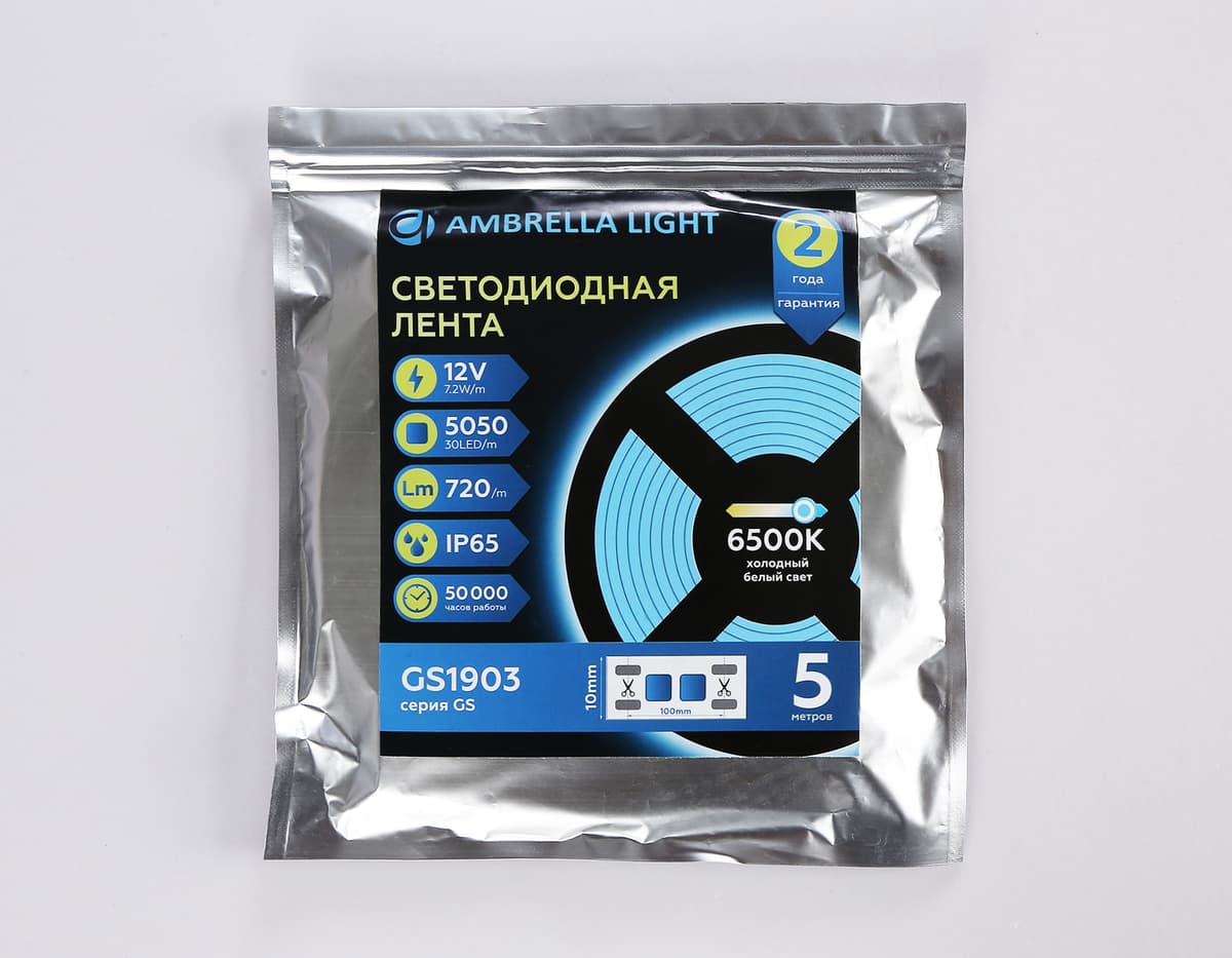 Светодиодная лента Ambrella Light GS1903 5050 30Led /7.2W m/ 12V IP65 6500K 5m GS1903 5050 30Led/ 7.2W m/ 12V IP65 6500K/ 5000*10*2.87mm (2 конт.) Ambrella Light 14
