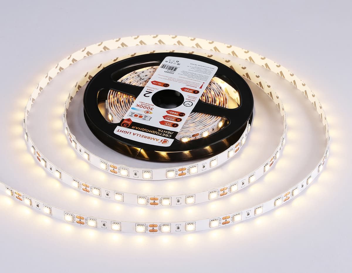 Светодиодная лента Ambrella Light GS2001 5050 60Led /14.4W m/ 12V IP20 3000K 5m GS2001 5050 60Led/ 14.4W m/ 12V IP20 3000K/ 5000*10*1.87mm (2 конт.) Ambrella Light 13