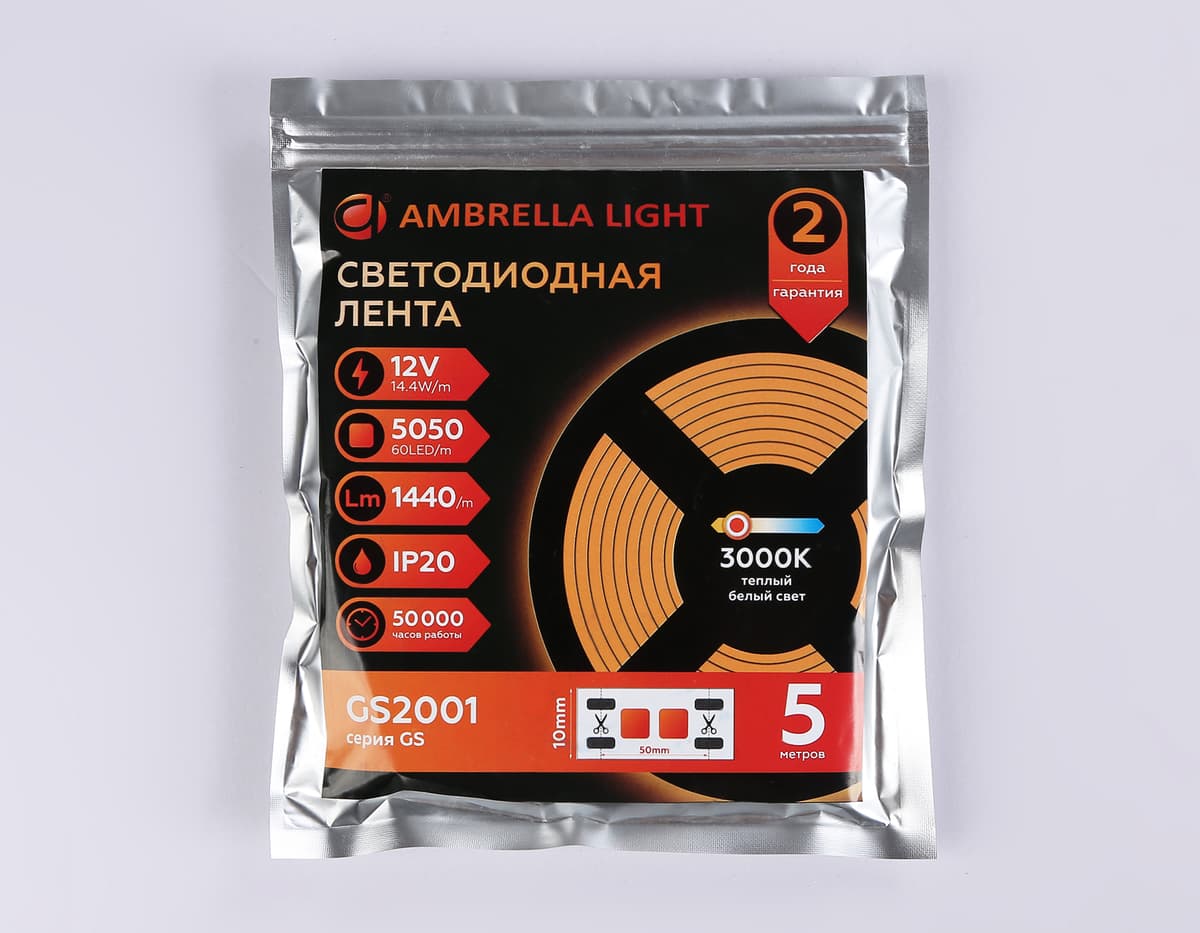 Светодиодная лента Ambrella Light GS2001 5050 60Led /14.4W m/ 12V IP20 3000K 5m GS2001 5050 60Led/ 14.4W m/ 12V IP20 3000K/ 5000*10*1.87mm (2 конт.) Ambrella Light 14